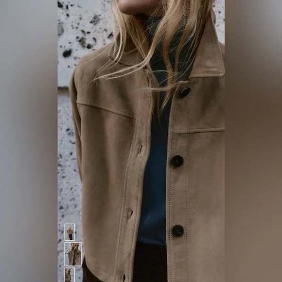 Zara New 100% Leather Suede Collar Jacket Beige NWT - Picture 7 of 14